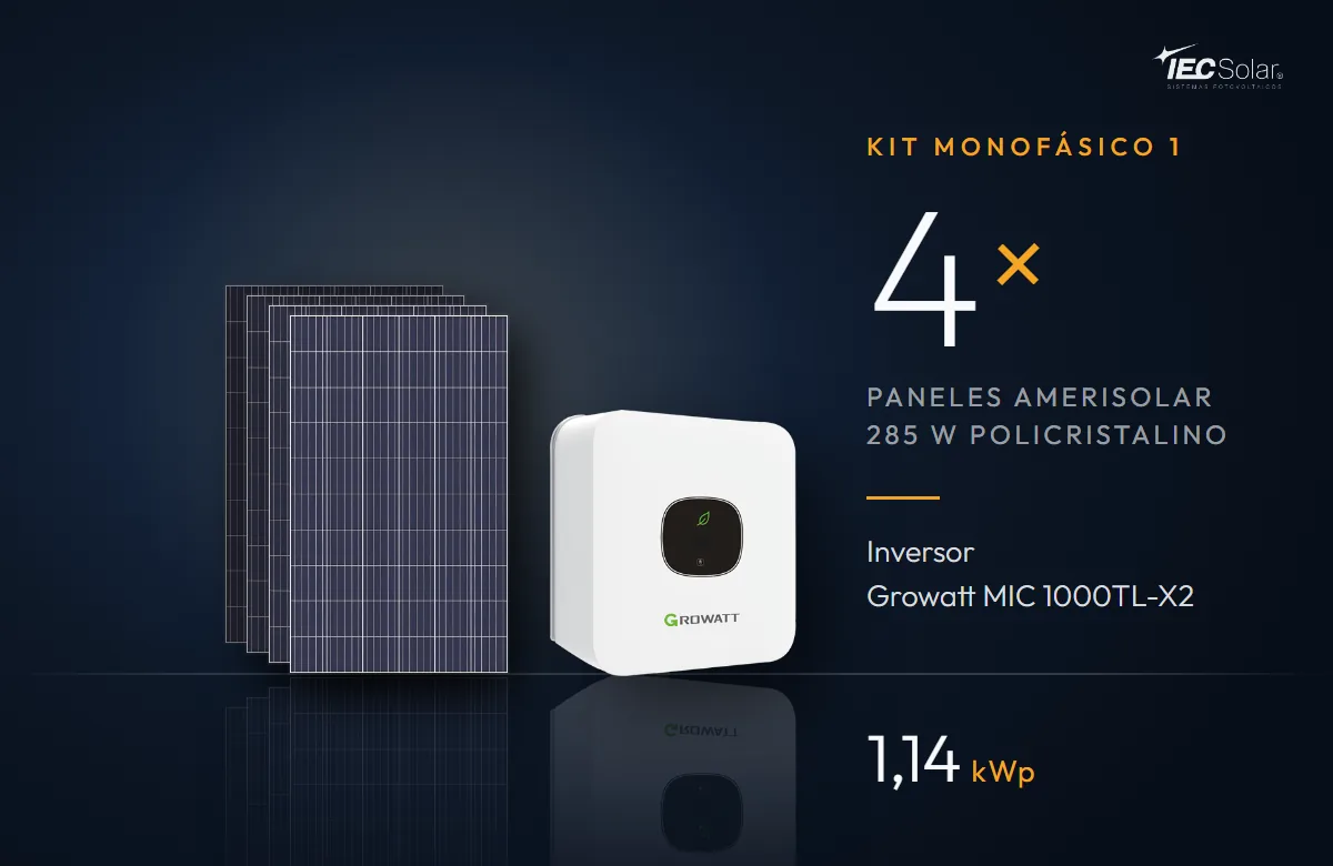 Kit Monofásico 1: 4 paneles Amerisolar 285 W policristalinos e inversor Growatt MIC 1000TL-X2 (1 kW), 1,14 kWp