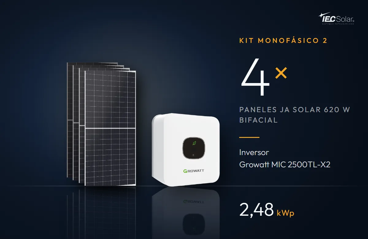 Kit Monofásico 2: 4 paneles JA Solar 620 W bifaciales e inversor Growatt MIC 2500TL-X2 (2,5 kW), 2,48 kWp