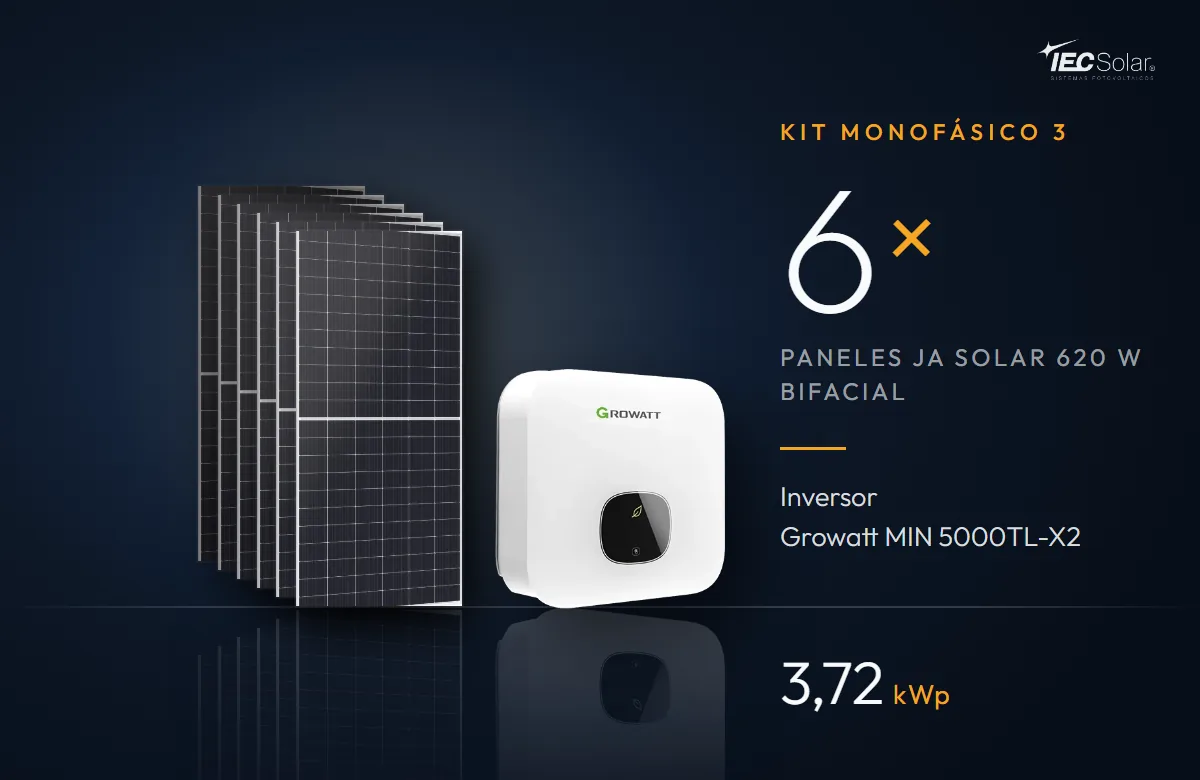 Kit Monofásico 3: 6 paneles JA Solar 620 W bifaciales e inversor Growatt MIN 5000TL-X2 (5 kW), 3,72 kWp
