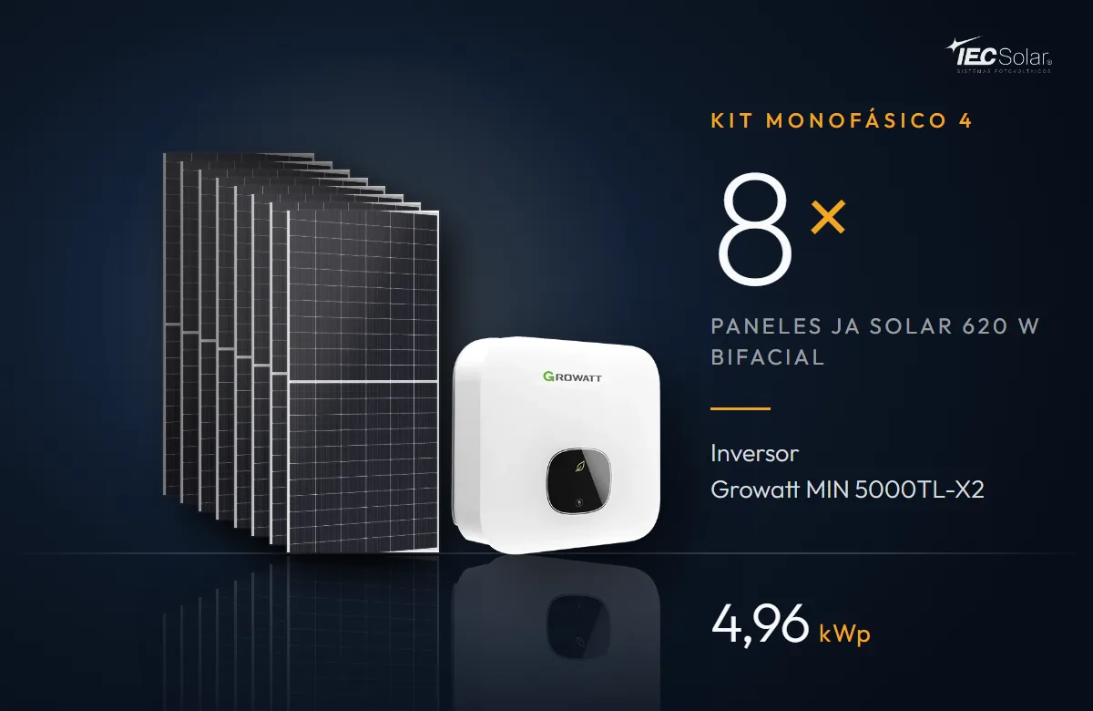 Kit Monofásico 4: 8 paneles JA Solar 620 W bifaciales e inversor Growatt MIN 5000TL-X2 (5 kW), 4,96 kWp