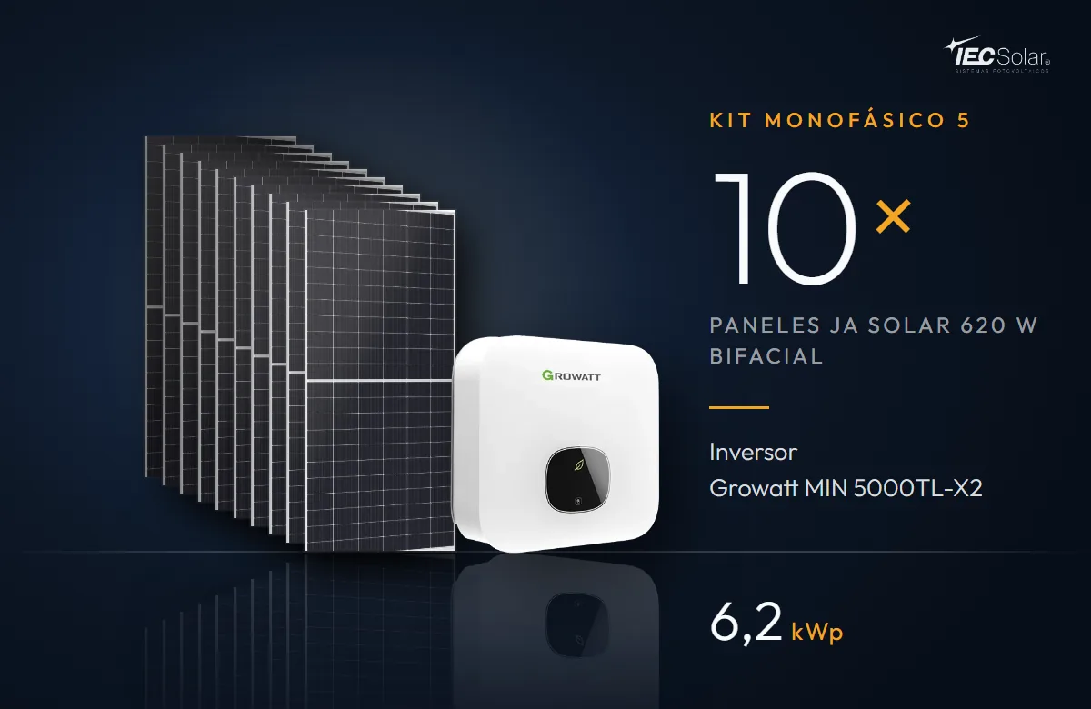 Kit Monofásico 5: 10 paneles JA Solar 620 W bifaciales e inversor Growatt MIN 5000TL-X2 (5 kW), 6,2 kWp