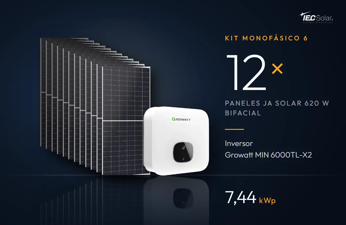 Kit Monofásico 6: 12 paneles JA Solar 620 W bifaciales e inversor Growatt MIN 6000TL-X2 (6 kW), 7,44 kWp