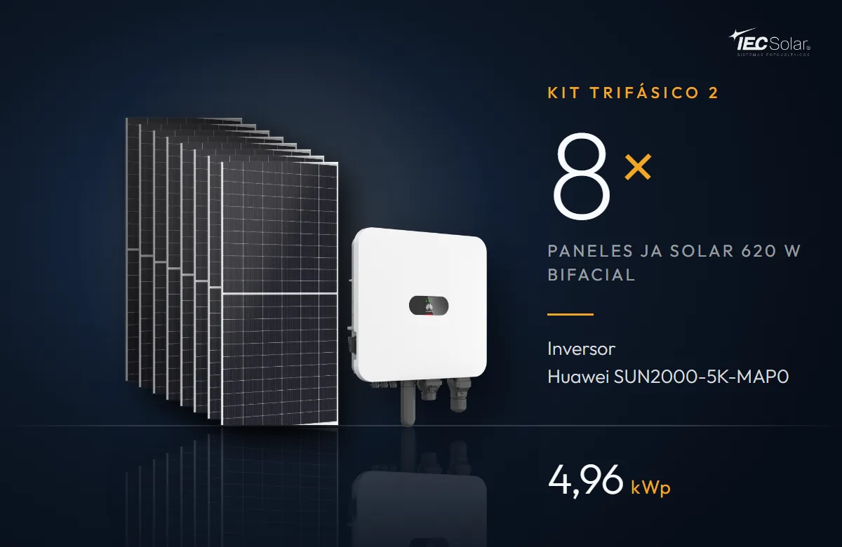 Kit Trifásico 2: 8 paneles JA Solar 620 W bifaciales e inversor Huawei SUN2000-5K-MAP0 (5 kW), 4,96 kWp