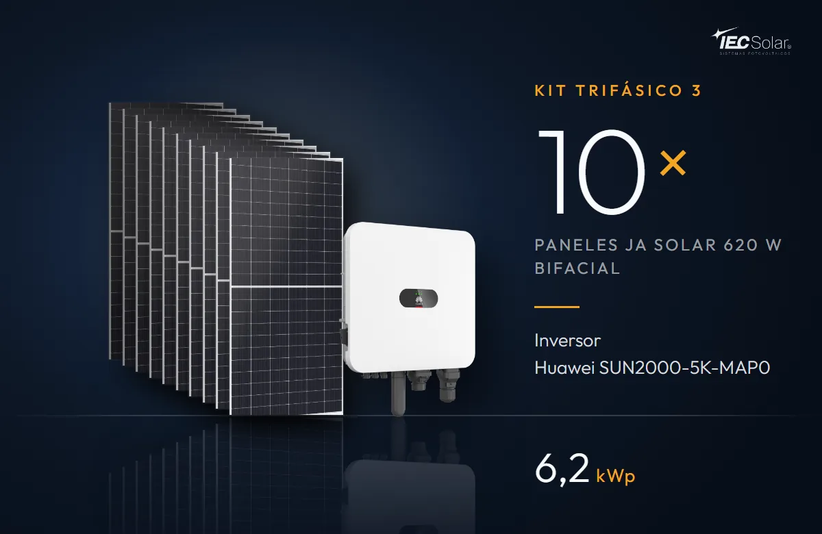 Kit Trifásico 3: 10 paneles JA Solar 620 W bifaciales e inversor Huawei SUN2000-5K-MAP0 (5 kW), 6,2 kWp