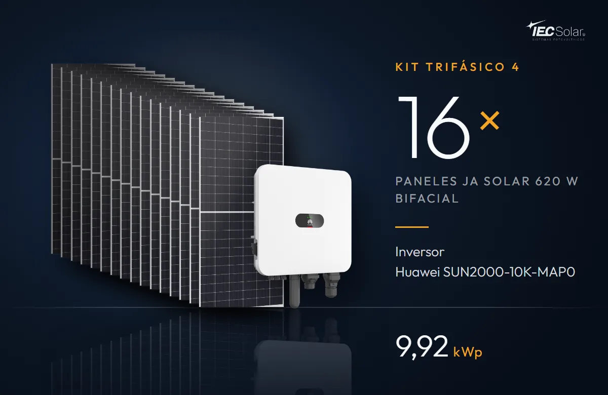 Kit Trifásico 4: 16 paneles JA Solar 620 W bifaciales e inversor Huawei SUN2000-10K-MAP0 (10 kW), 9,92 kWp
