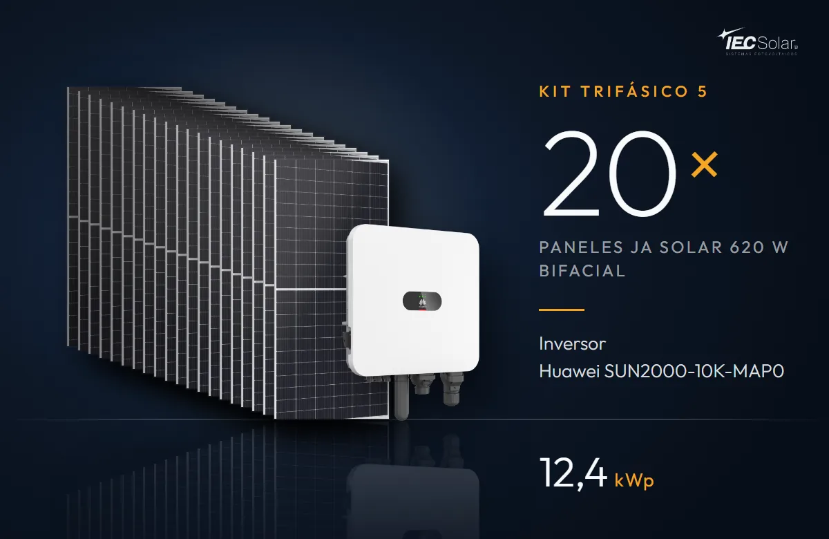 Kit Trifásico 5: 20 paneles JA Solar 620 W bifaciales e inversor Huawei SUN2000-10K-MAP0 (10 kW), 12,4 kWp